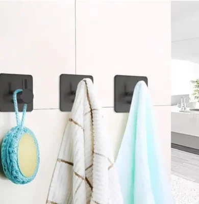 Fotosnow Black Adhesive Towel Hooks Heavy Duty Stick on Wall Hooks Shower Hooks for Bathroom Kitchen Door-4 Packs