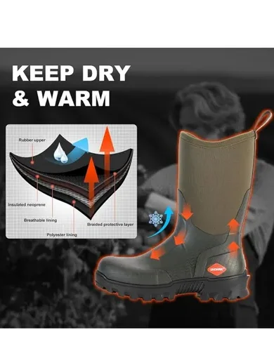 Men's Mid Calf Rubber Work Boots Waterproof Rain Boot Insulated Mud Boots with Comfortable Sports Soles