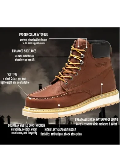 Work Boots for Men, 6" Soft Toe Wedge Sole Waterproof Safety Boots, Comfortable Construction Work Safety Shoes