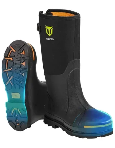 TIDEWE Rubber Work Boot for Men with Steel Toe & Shank, Waterproof Anti Slip Hunting Boot, 6mm Neoprene Hunting Boot for Manufacturing, Construction, Farming, Black,Brown