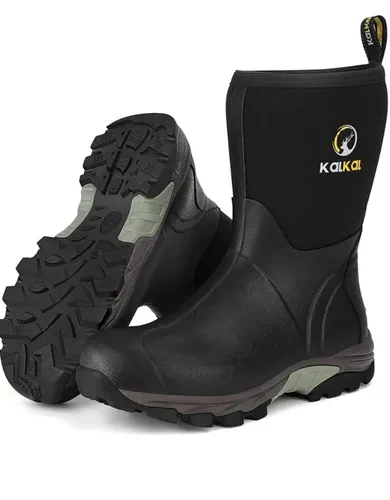 Rubber Boots for Men, Waterproof Mid Calf Mens Rain Boots, 6mm Neoprene Insulated Mens Rubber Work Boots for Hunting Gardening Farming Fishing Mud Working