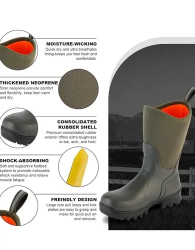 Men's Mid Calf Rubber Work Boots Waterproof Rain Boot Insulated Mud Boots with Comfortable Sports Soles