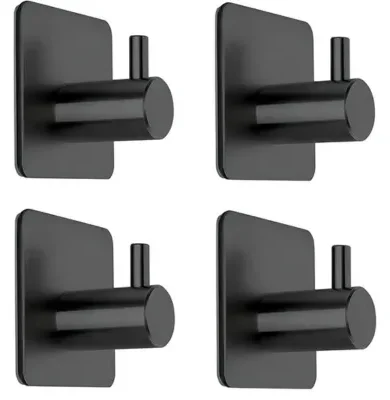 Fotosnow Black Adhesive Towel Hooks Heavy Duty Stick on Wall Hooks Shower Hooks for Bathroom Kitchen Door-4 Packs