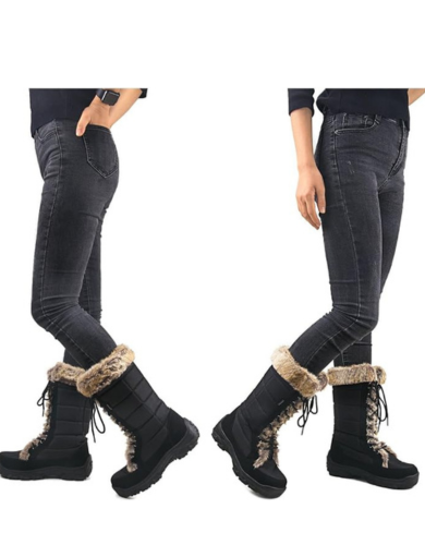 Women's Black Winter Snow Boots Twin Peaks Fur Cuff Mid-Calf Waterproof Lace Up Boots