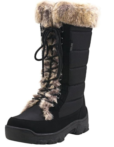 Women's Black Winter Snow Boots Twin Peaks Fur Cuff Mid-Calf Waterproof Lace Up Boots