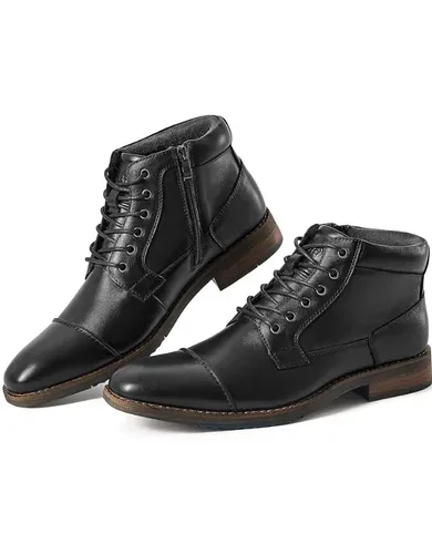Men's Dress Boots Genuine Leather Cap Toe Ankle Boot with Side Zipper for Casual Business Formal Wear
