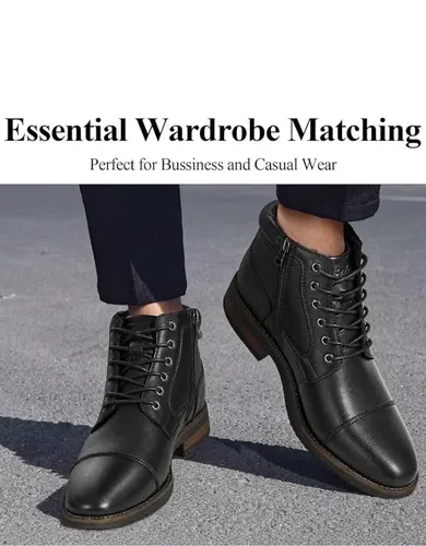 Men's Dress Boots Genuine Leather Cap Toe Ankle Boot with Side Zipper for Casual Business Formal Wear