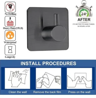 Fotosnow Black Adhesive Towel Hooks Heavy Duty Stick on Wall Hooks Shower Hooks for Bathroom Kitchen Door-4 Packs