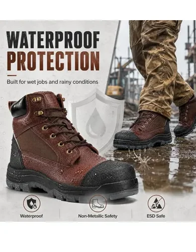 CONRAD Composite Toe Waterproof Work Boots for Men - ESD Safety Boots, Kevlar Puncture Resistant, Slip & Oil Resistant