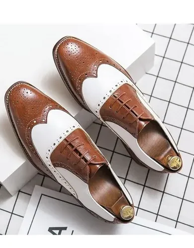 HuitJours Men Oxford Dress Shoes Multicolor Brogues Wing Tips Lace Up Patchwork Two Tone Color Matching Punched Round Toe