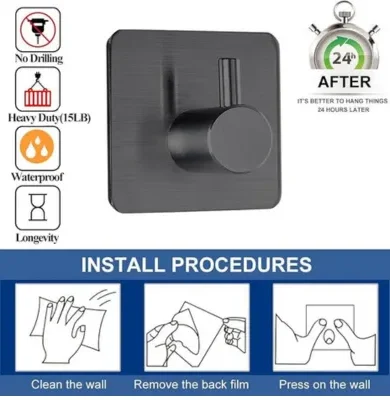Fotosnow Black Adhesive Towel Hooks Heavy Duty Stick on Wall Hooks Shower Hooks for Bathroom Kitchen Door-4 Packs