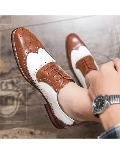 HuitJours Men Oxford Dress Shoes Multicolor Brogues Wing Tips Lace Up Patchwork Two Tone Color Matching Punched Round Toe