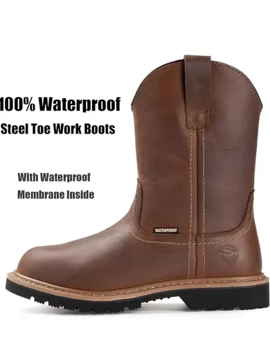 SUREWAY 10in Mens Soft/Steel Toe Waterproof Wellington Work Boot,Heavy Duty Pull On Leather Work Boots,GoodyearWelted,Full Grain Leather,Industrial Safety boot Classic Cowboy Boot,EH Rated