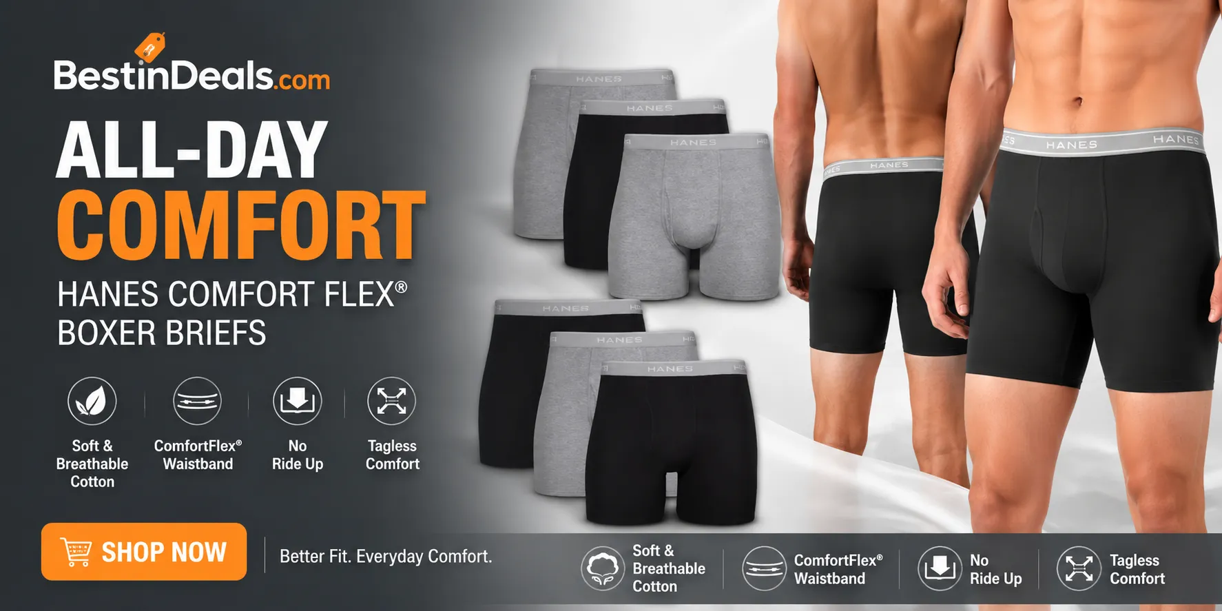 Hanes mens Underwear Boxer Briefs Pack, Cool & Breathable Cotton Moisture-wicking Underwear for Men, No Ride Up